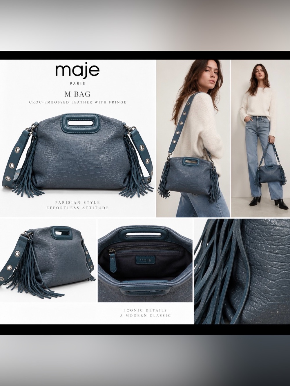 Maje Textured Leather Fringe Shoulder Bag in Slate Blue